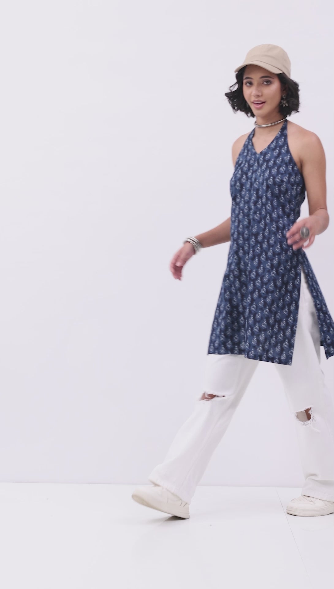 Indigo Cotton Floral Halter Tie-Up Kurti