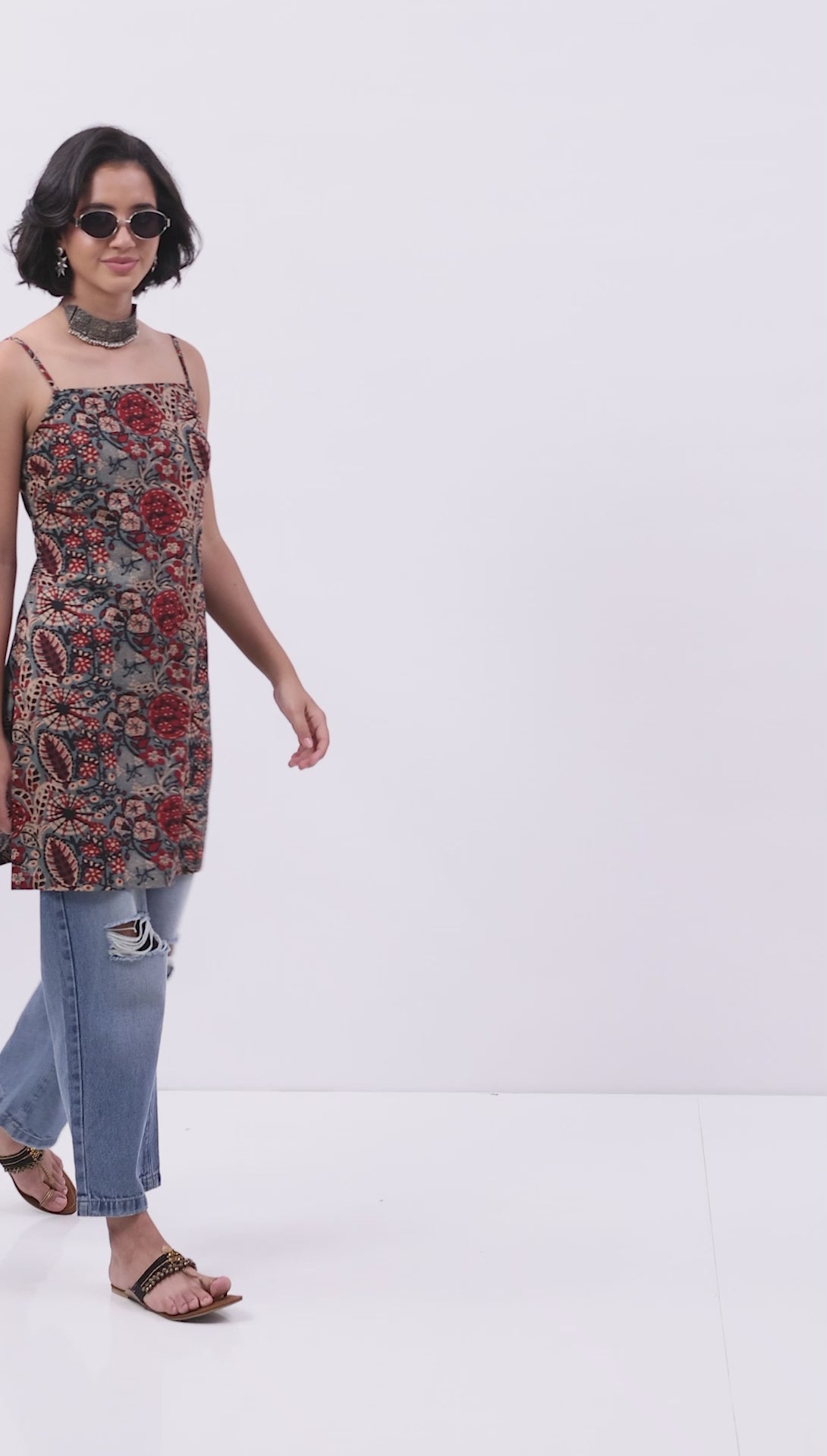Blue & Red Cotton Floral Back Tie-Up Kurti