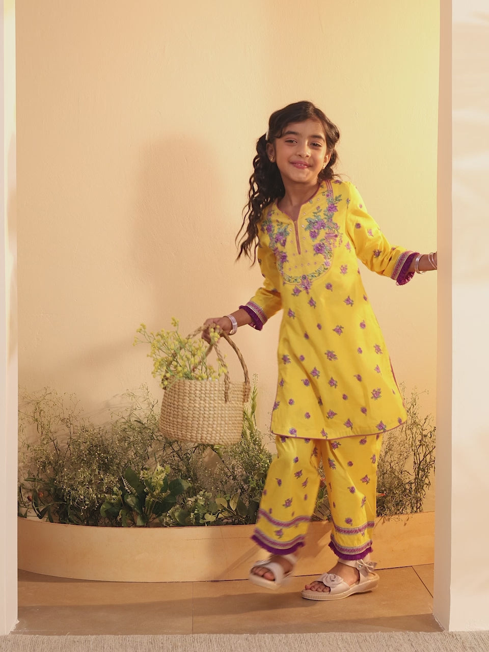 Girls yellow floral print kurta and pants set by BIBA, product video