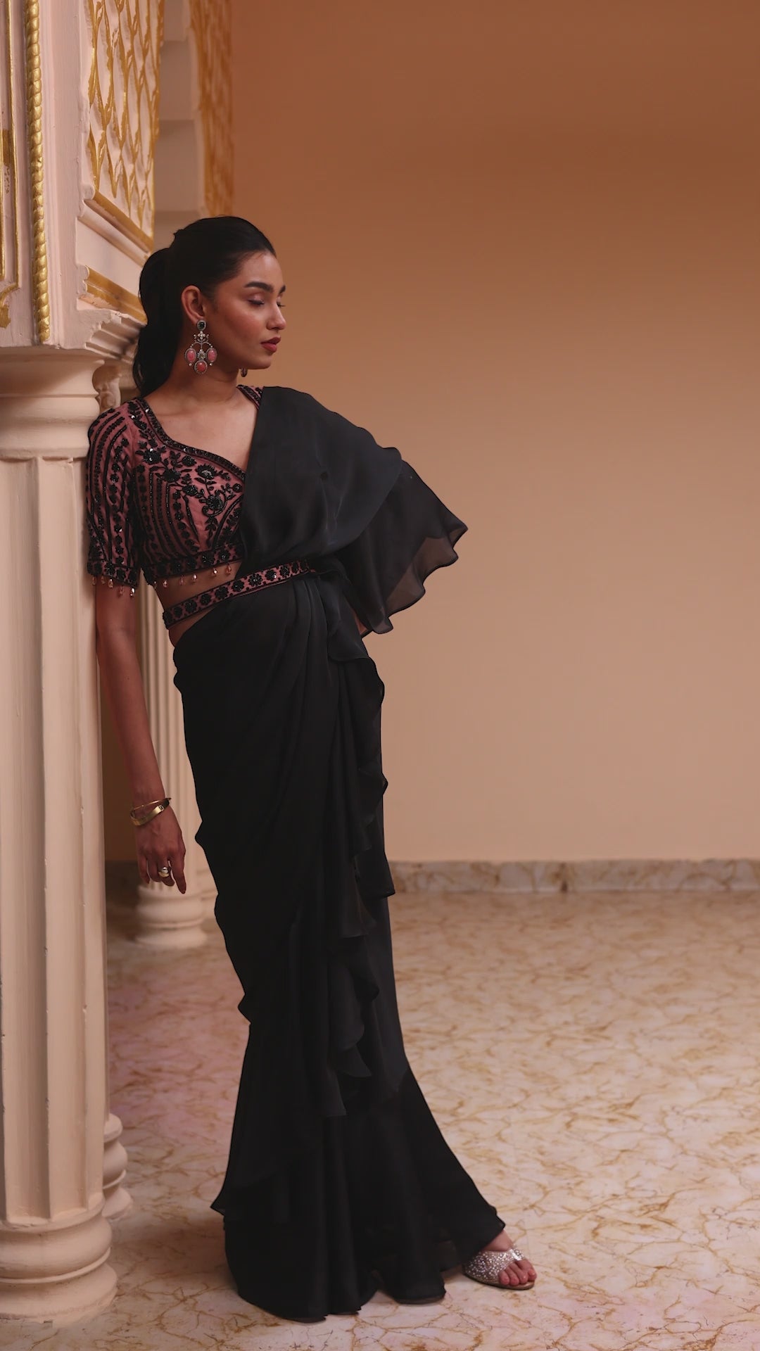 Black Modal Satin Pre-Draped Saree