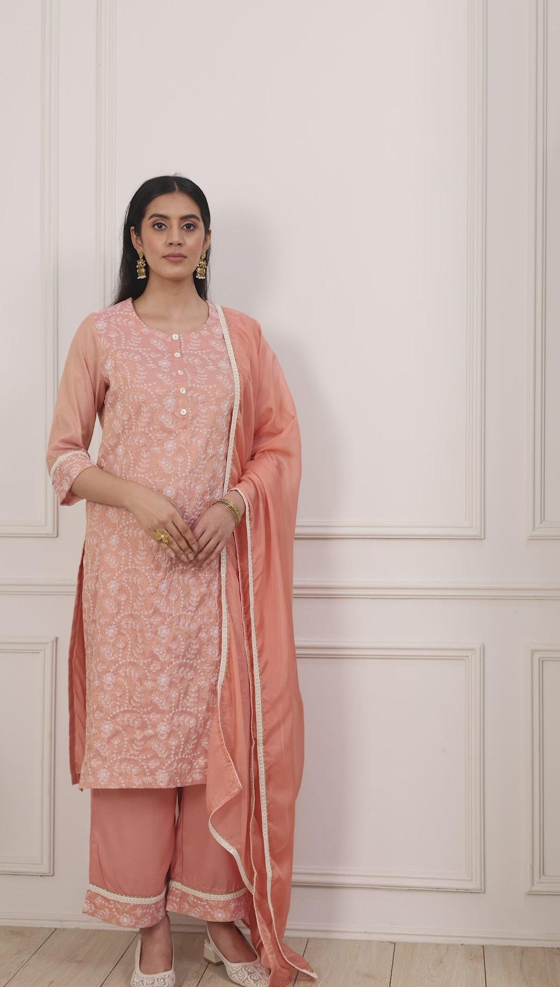 Peach Zari Cotton Thread Embroidered Straight Suit Set