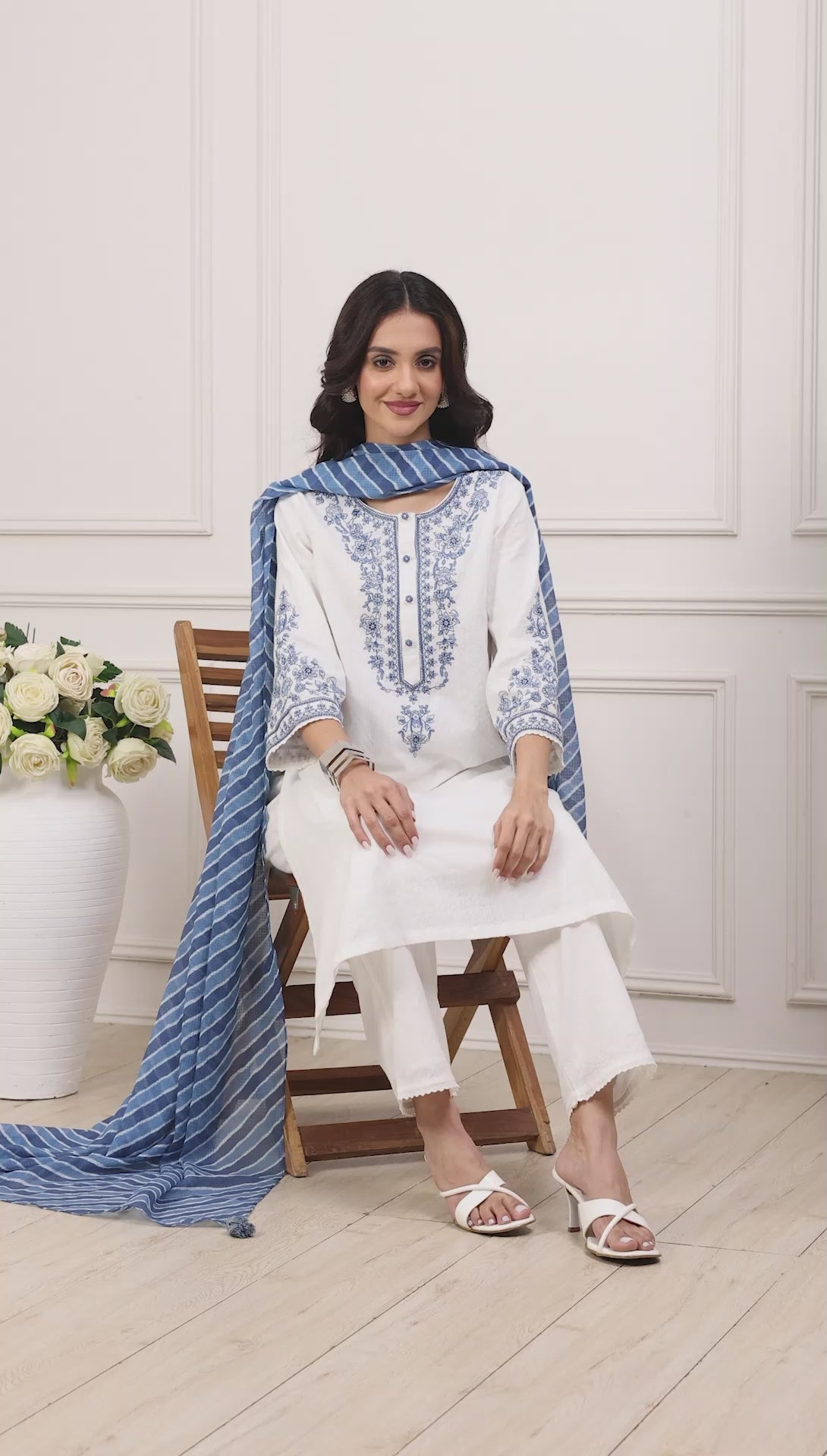 White & Indigo Cotton Hand-Embroidered Straight Suit Set