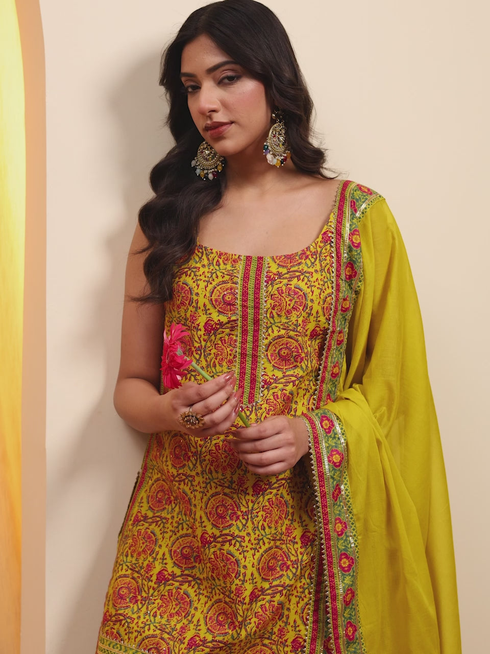 Lime Printed Straight Cotton Sharara Kurta Set