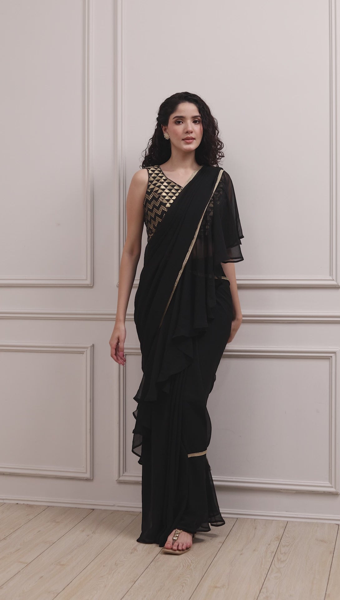 Black Art Silk Pre-draped Saree