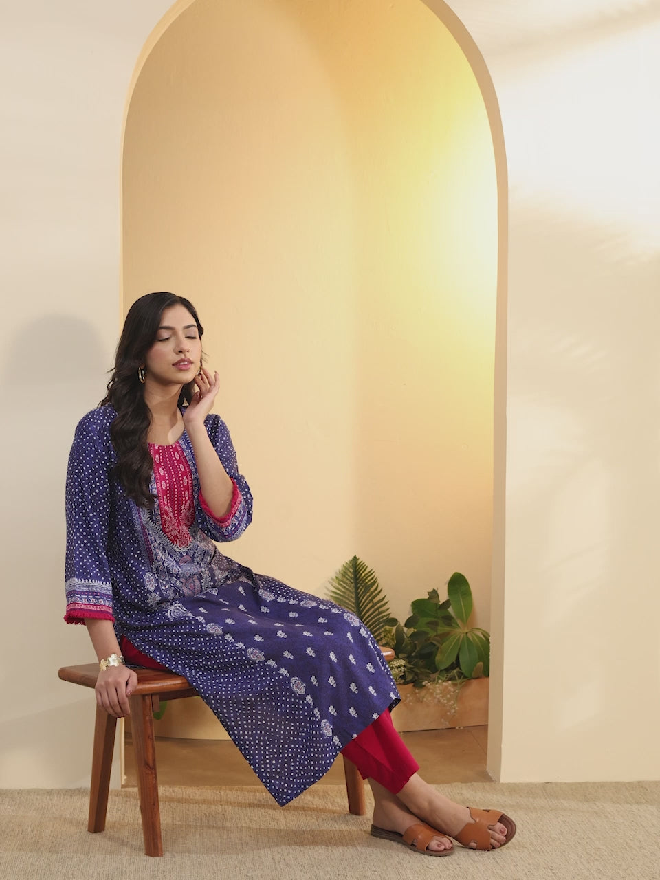 Navy blue and pink printed kurta and pants set by BIBA, product video