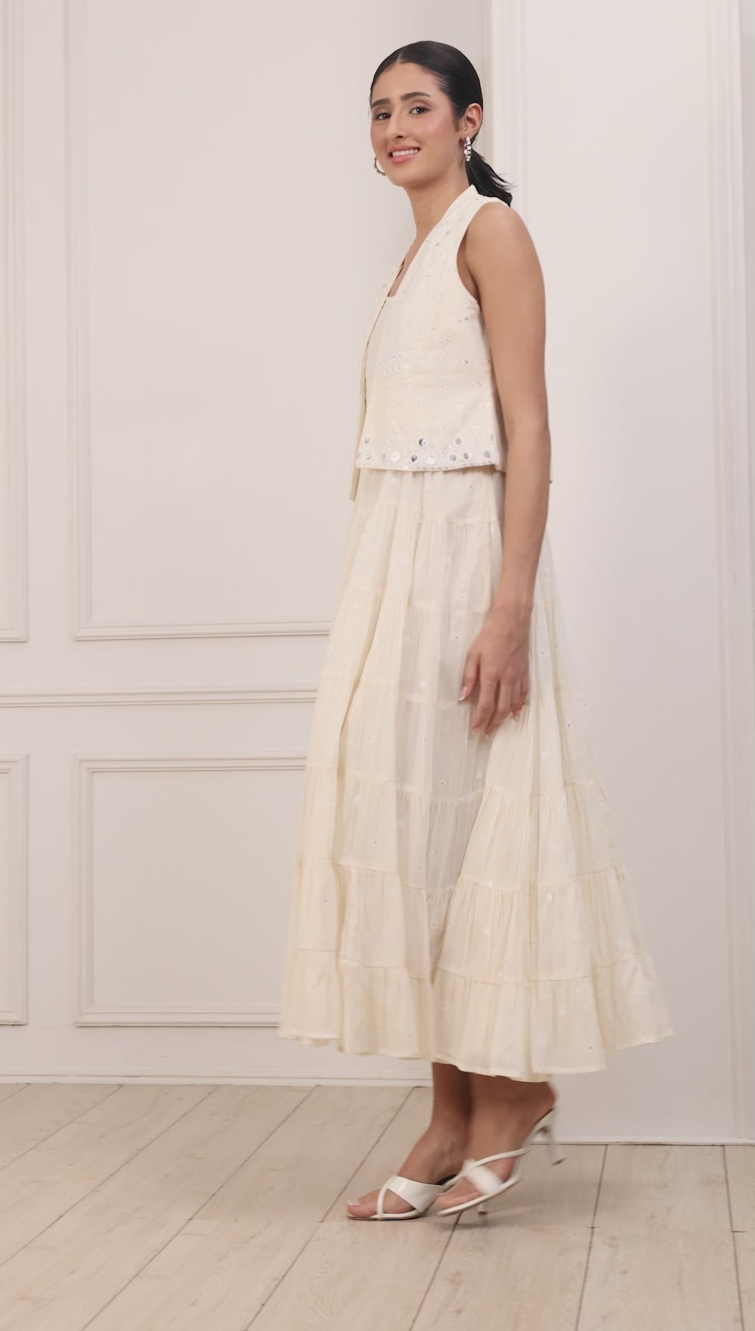 Ecru Cotton Embroidered Tiered Dress With Jacket