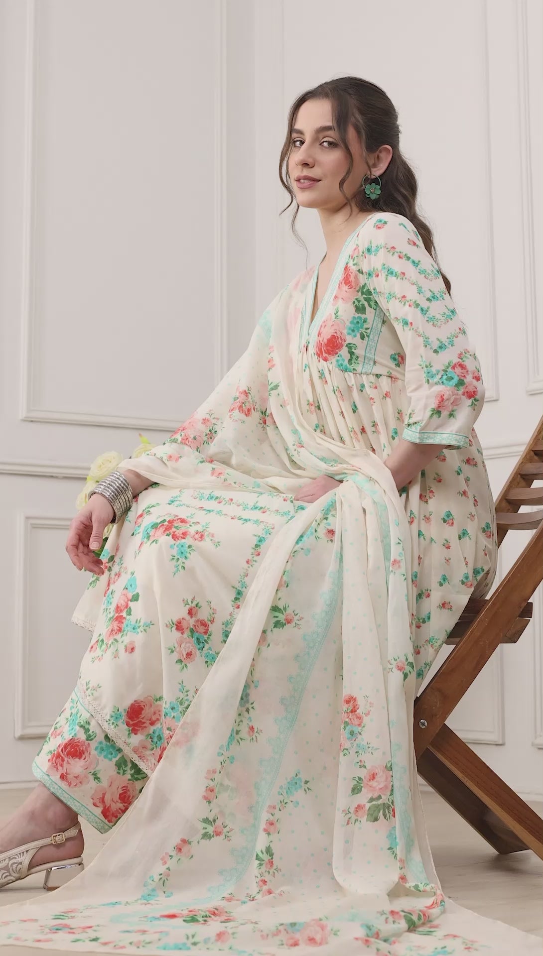 White Cotton Floral Suit Set