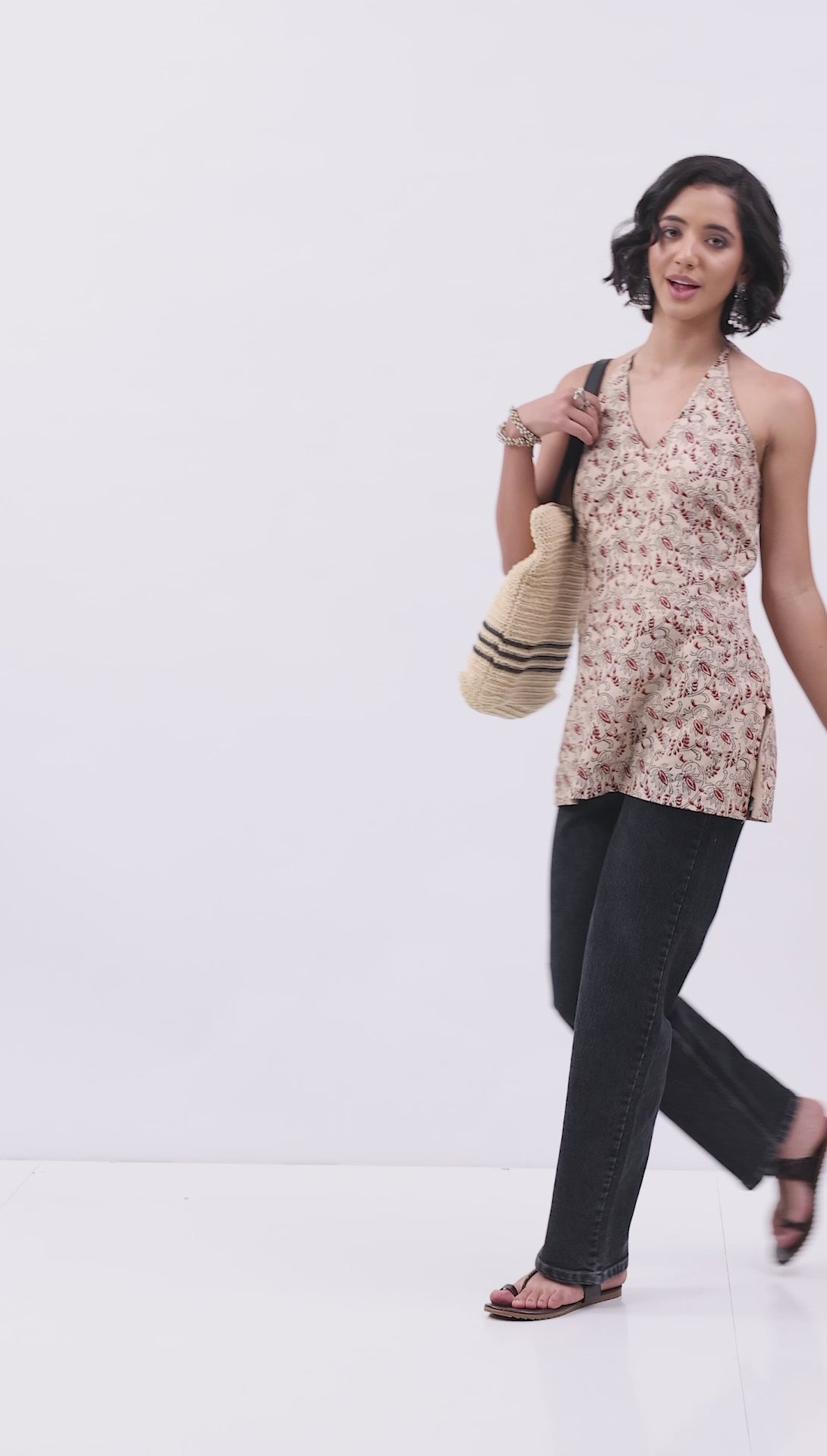 Beige Cotton All-Over Floral Tie-Up Back Kurti