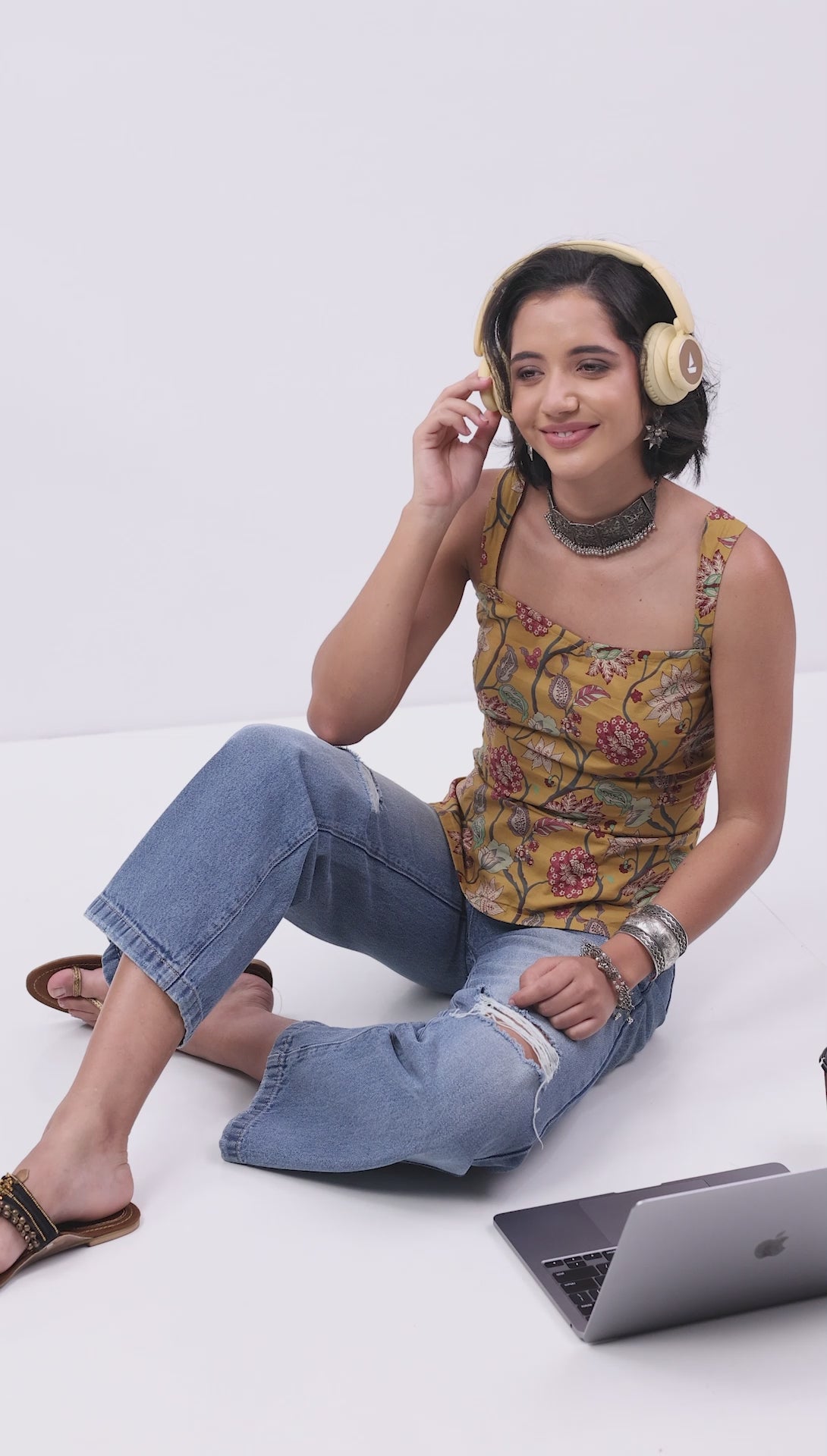Mustard Cotton Floral Lace-Up Back Strappy Top