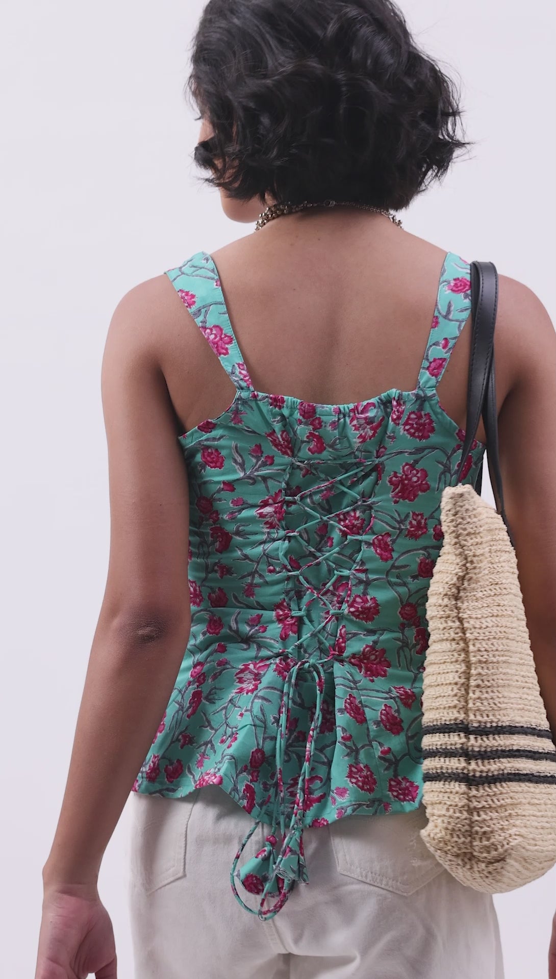Turquoise Cotton Floral Tie-Up Back Strappy Top