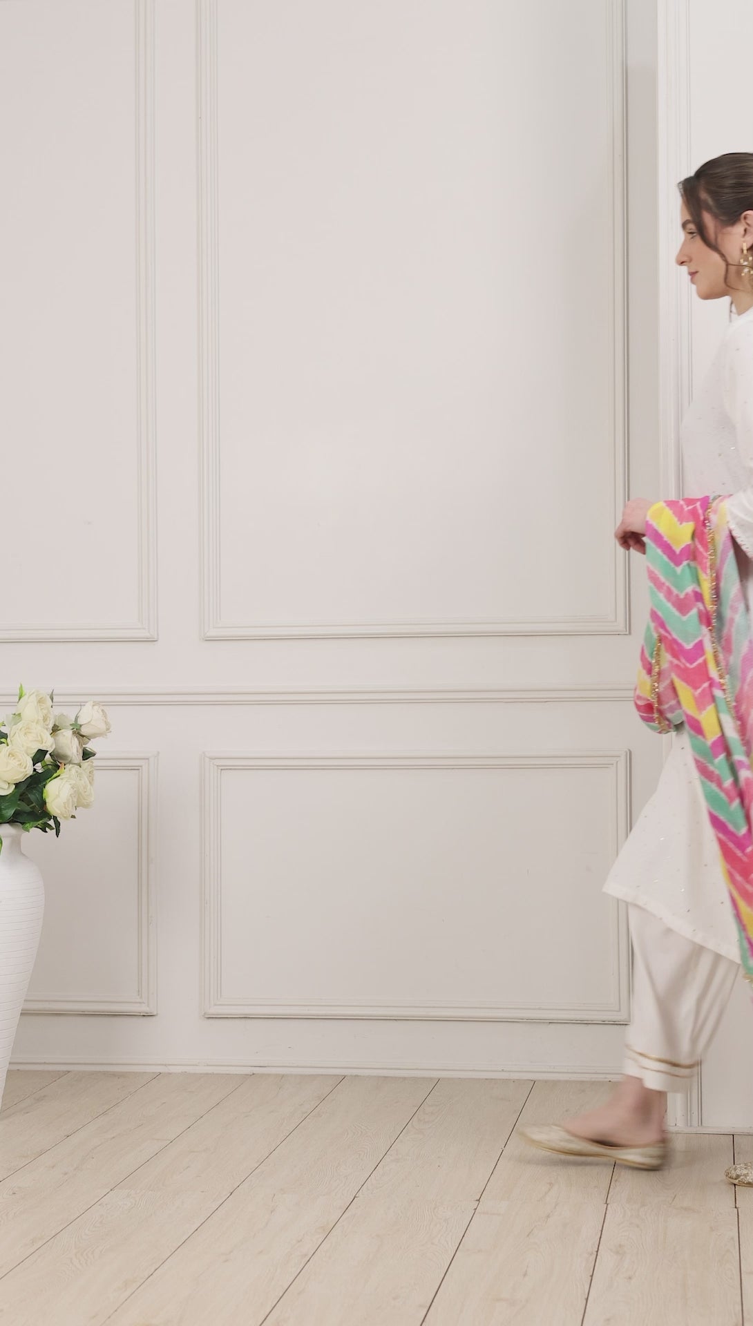 White & Pink Yoke Design Straight Suit Set