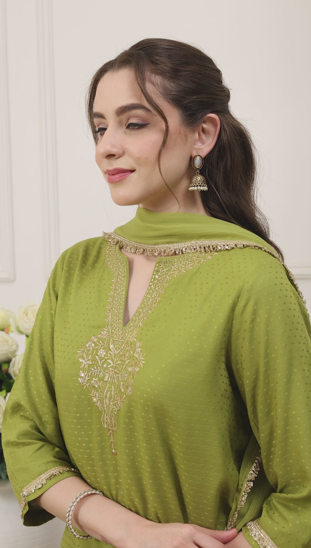 Green Viscose Yoke Embroidered Straight Suit Set