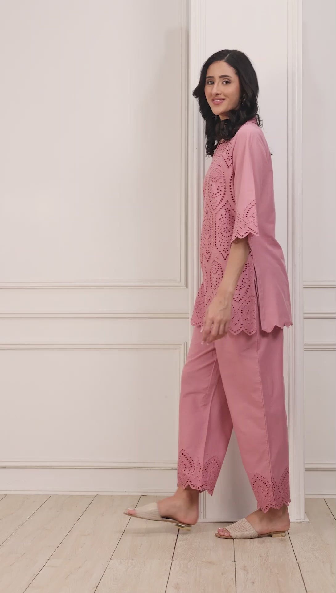 Dusky Pink Cotton Schiffli Straight Suit Set