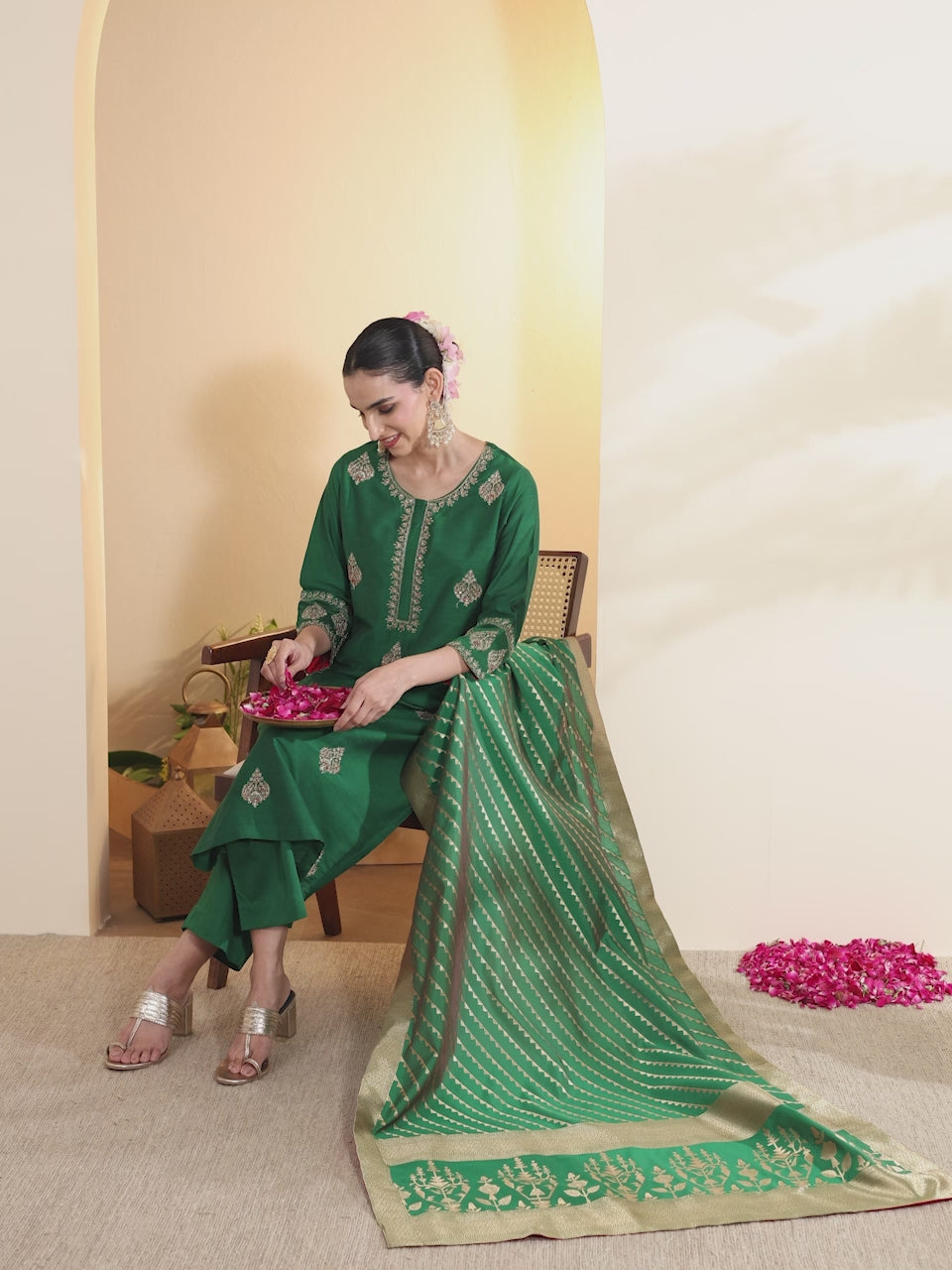 Green and gold embroidered suit set by BIBA, product video