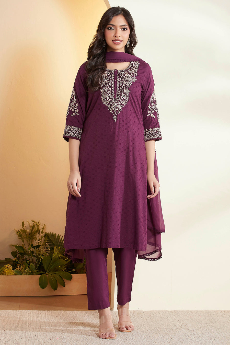 Purple Embroidered Straight Kurta Set