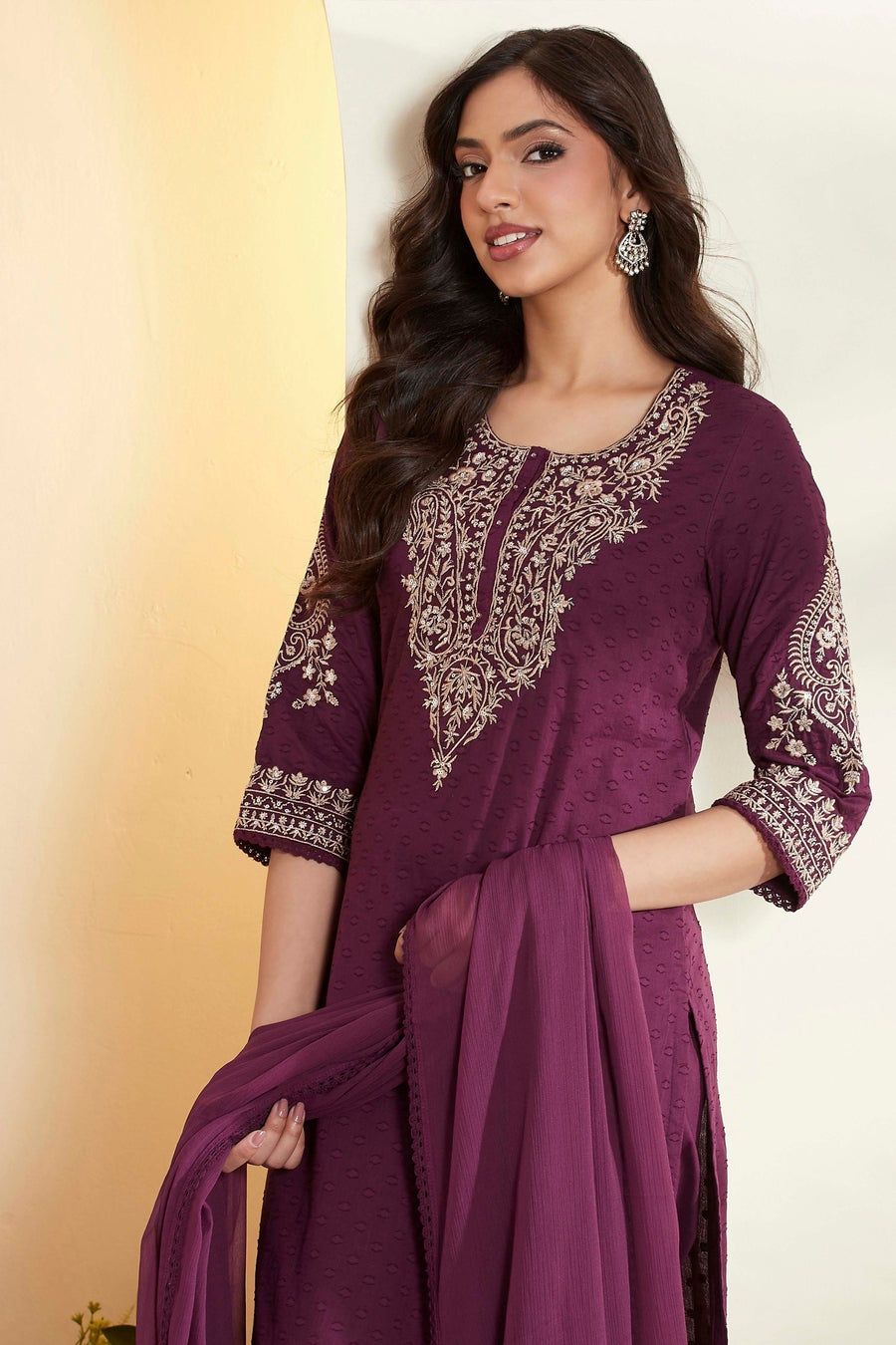 Purple Embroidered Straight Kurta Set