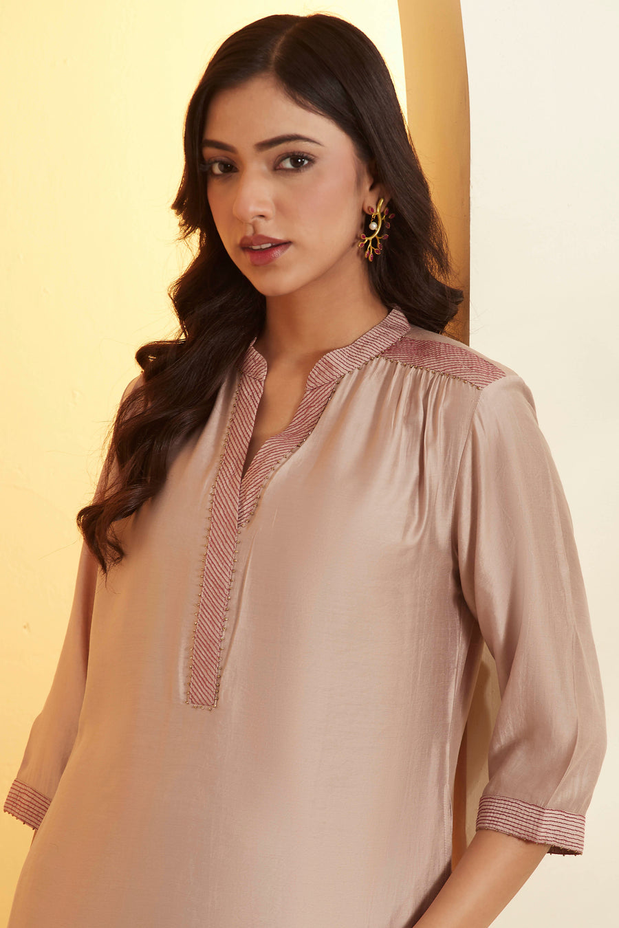 Beige Viscose Silk Solid Straight Kurta