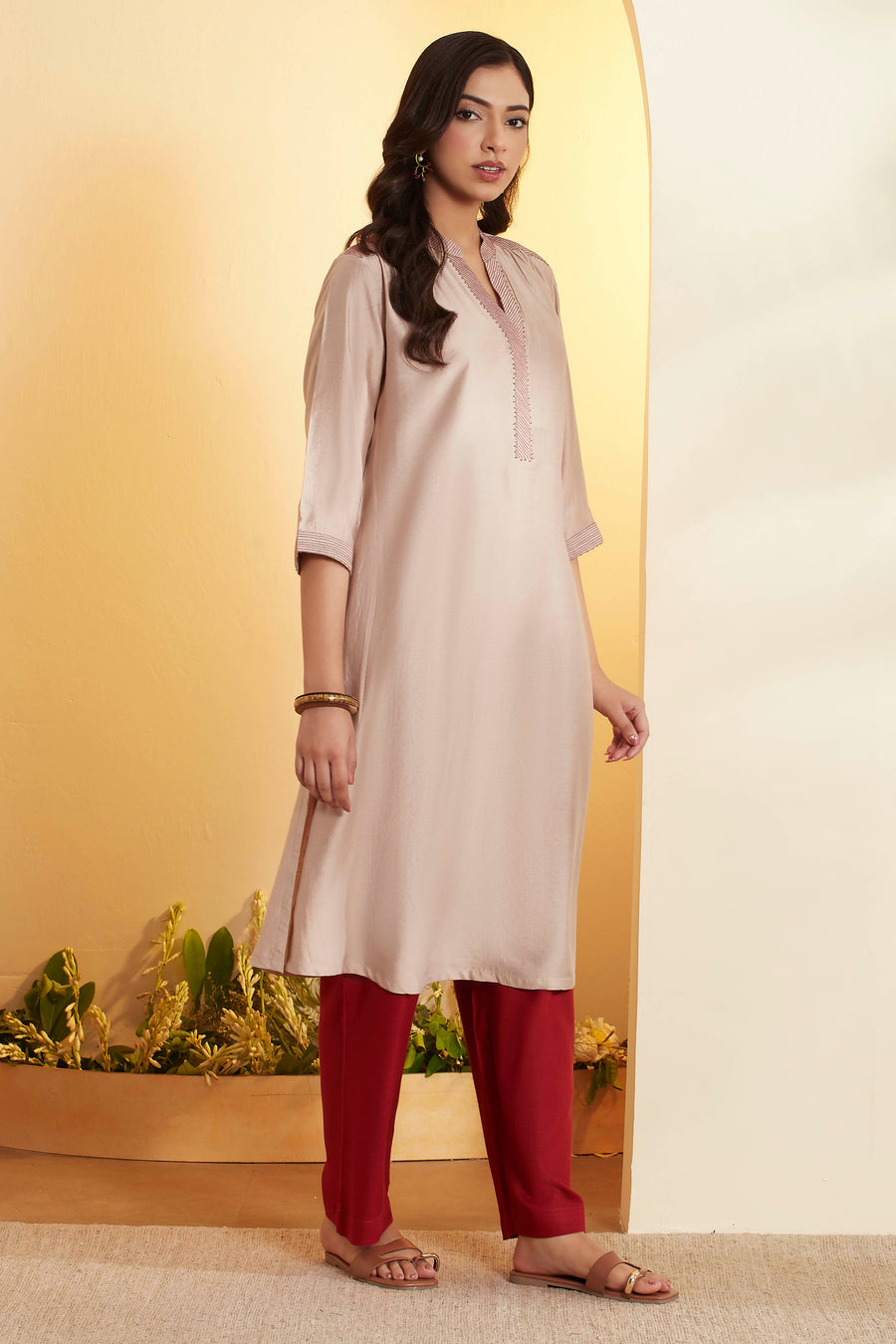 Beige Viscose Silk Solid Straight Kurta