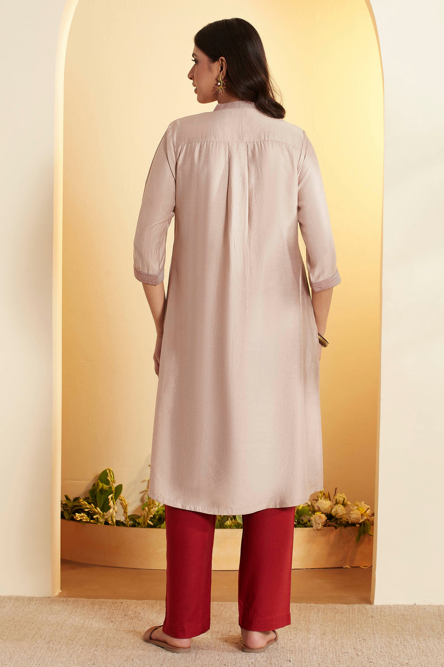 Beige Viscose Silk Solid Straight Kurta