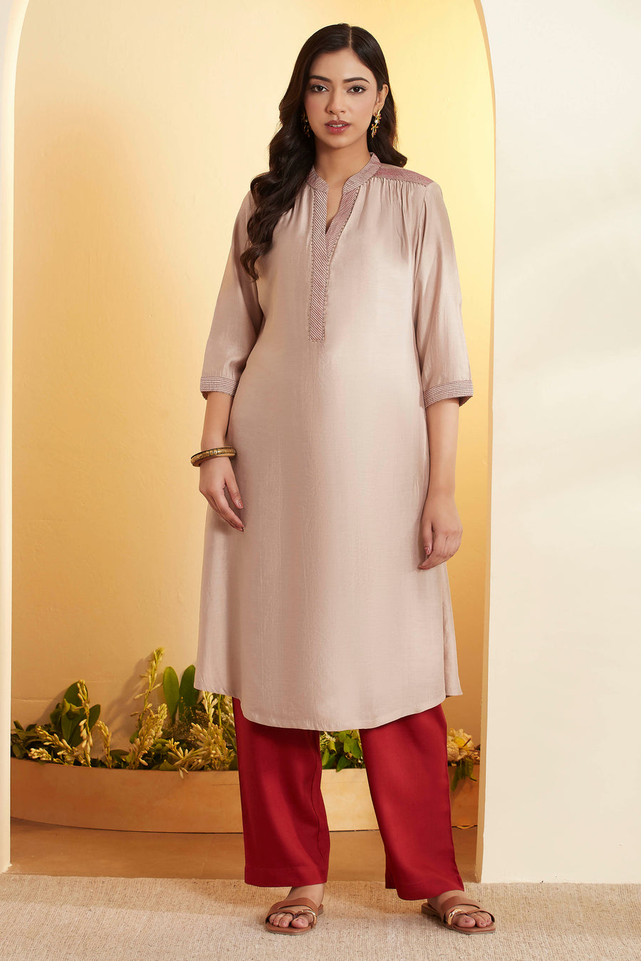 Beige Viscose Silk Solid Straight Kurta