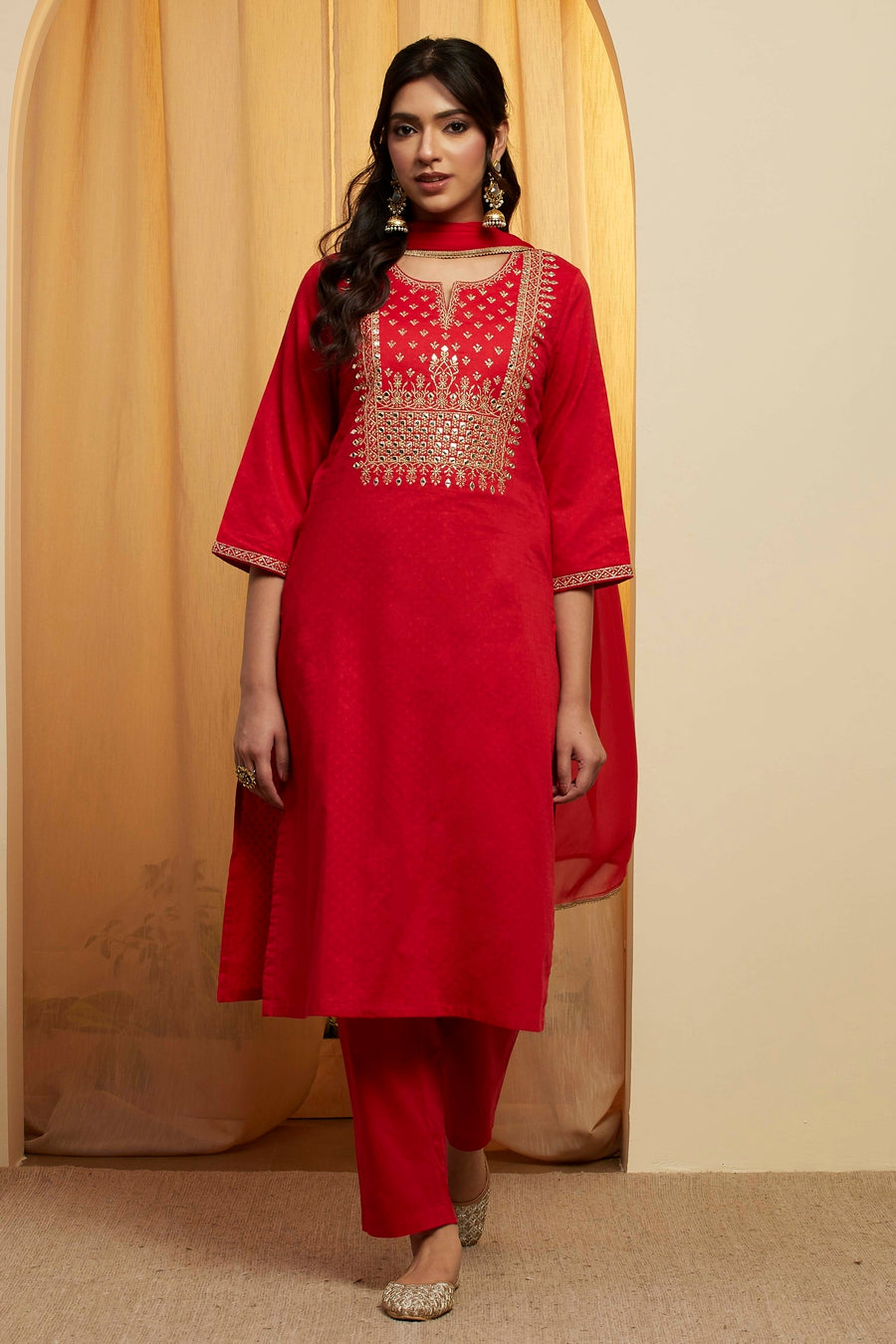 Red Cotton Yoke Embroidered Straight Kurta Set