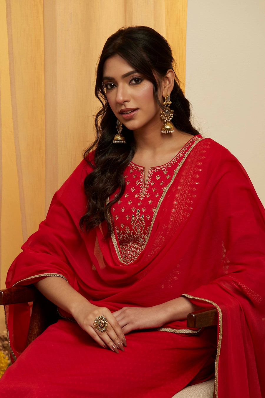 Red Cotton Yoke Embroidered Straight Kurta Set