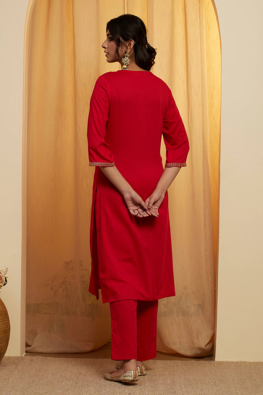 Red Cotton Yoke Embroidered Straight Kurta Set