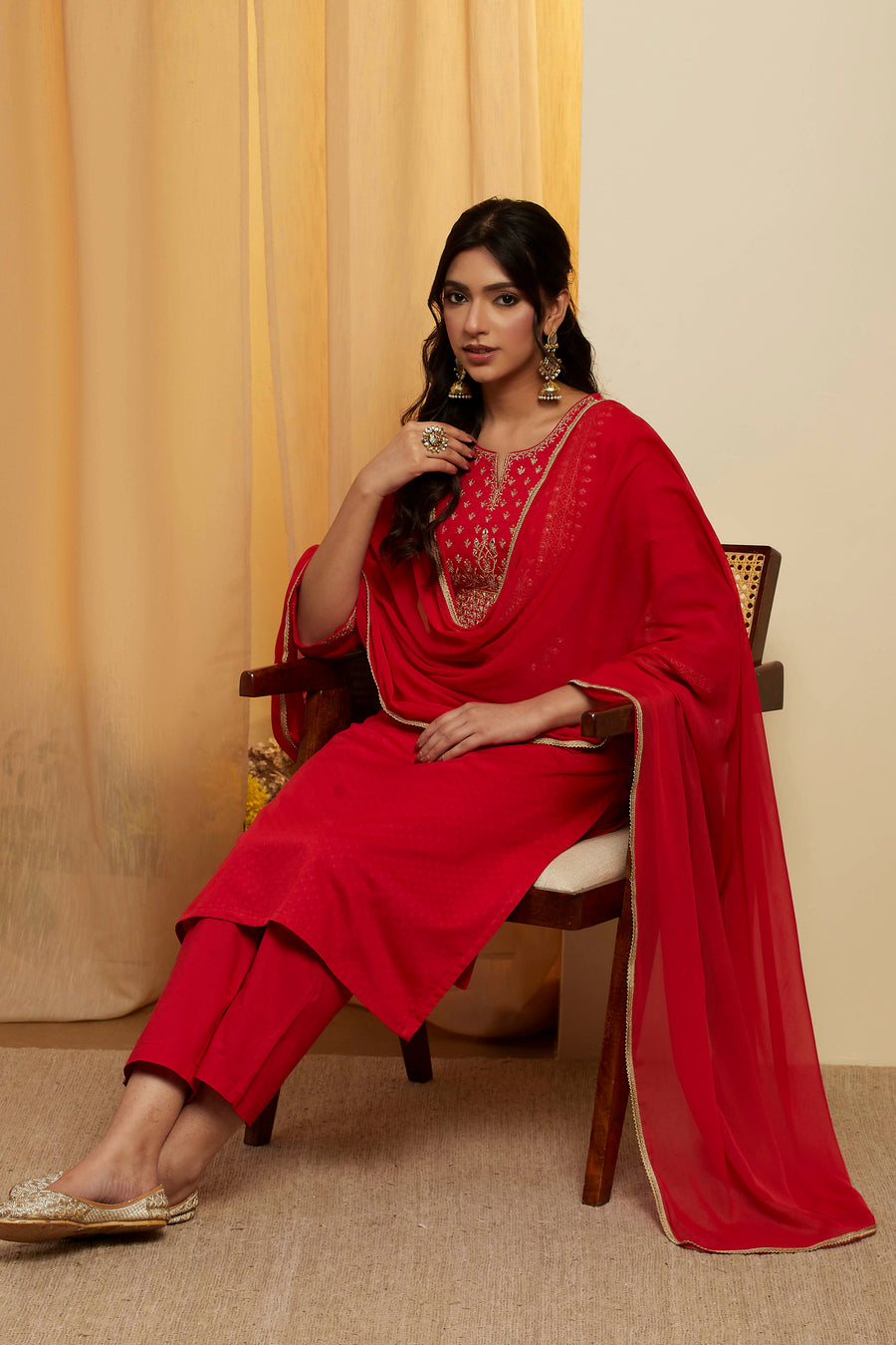 Red Cotton Yoke Embroidered Straight Kurta Set