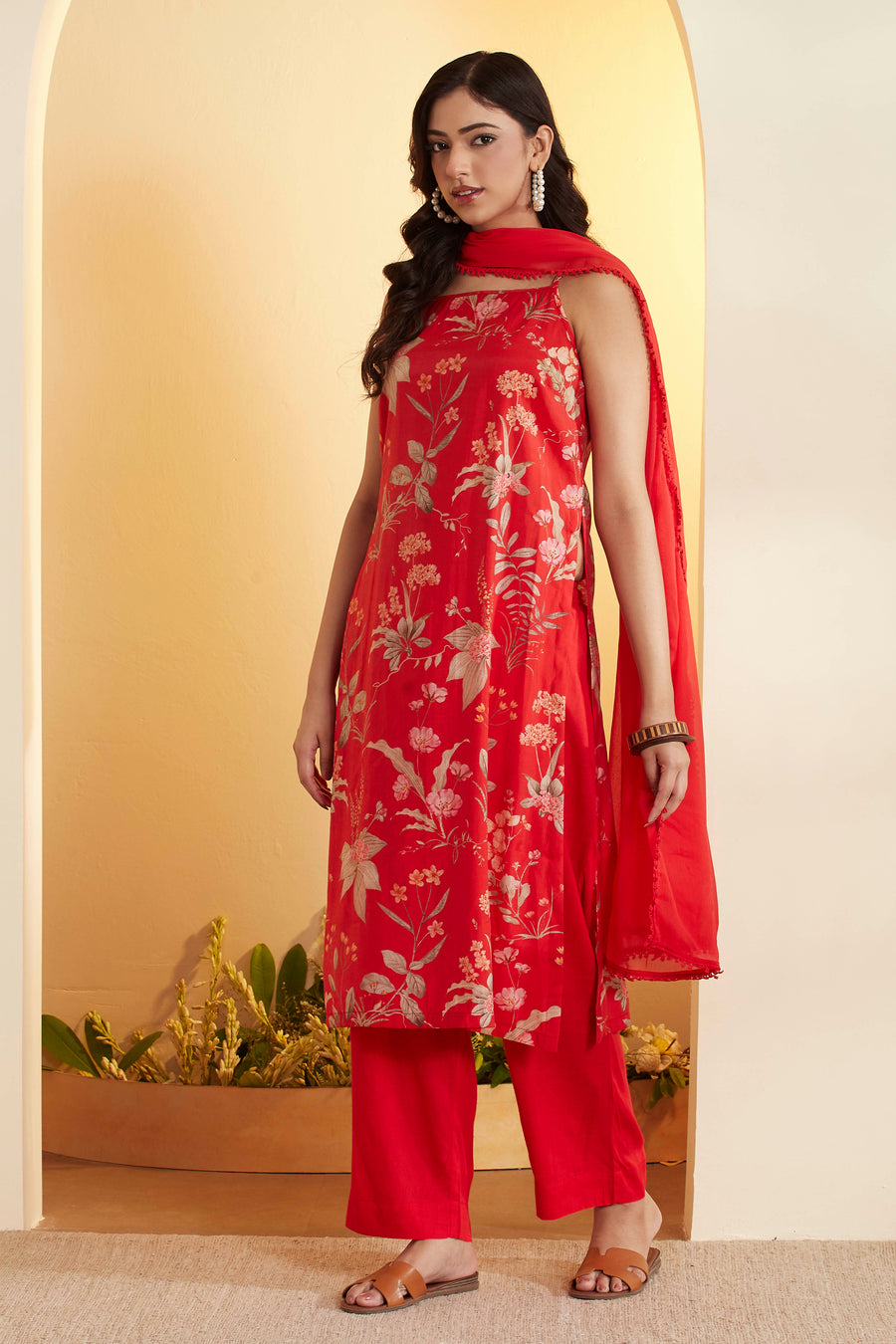 Red Floral Straight Viscose Blend Kurta Set