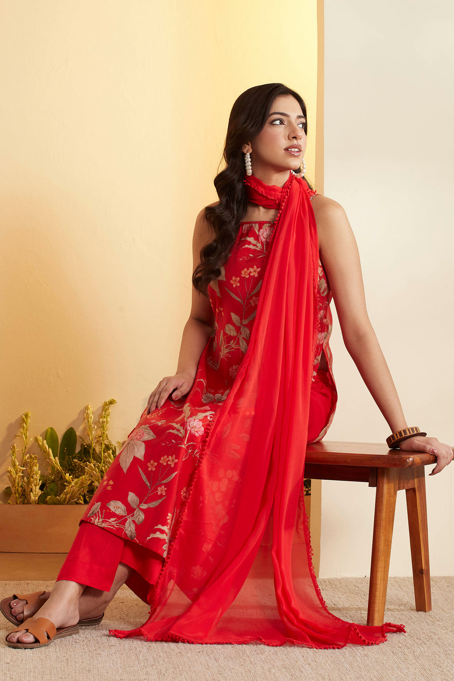 Red Floral Straight Viscose Blend Kurta Set