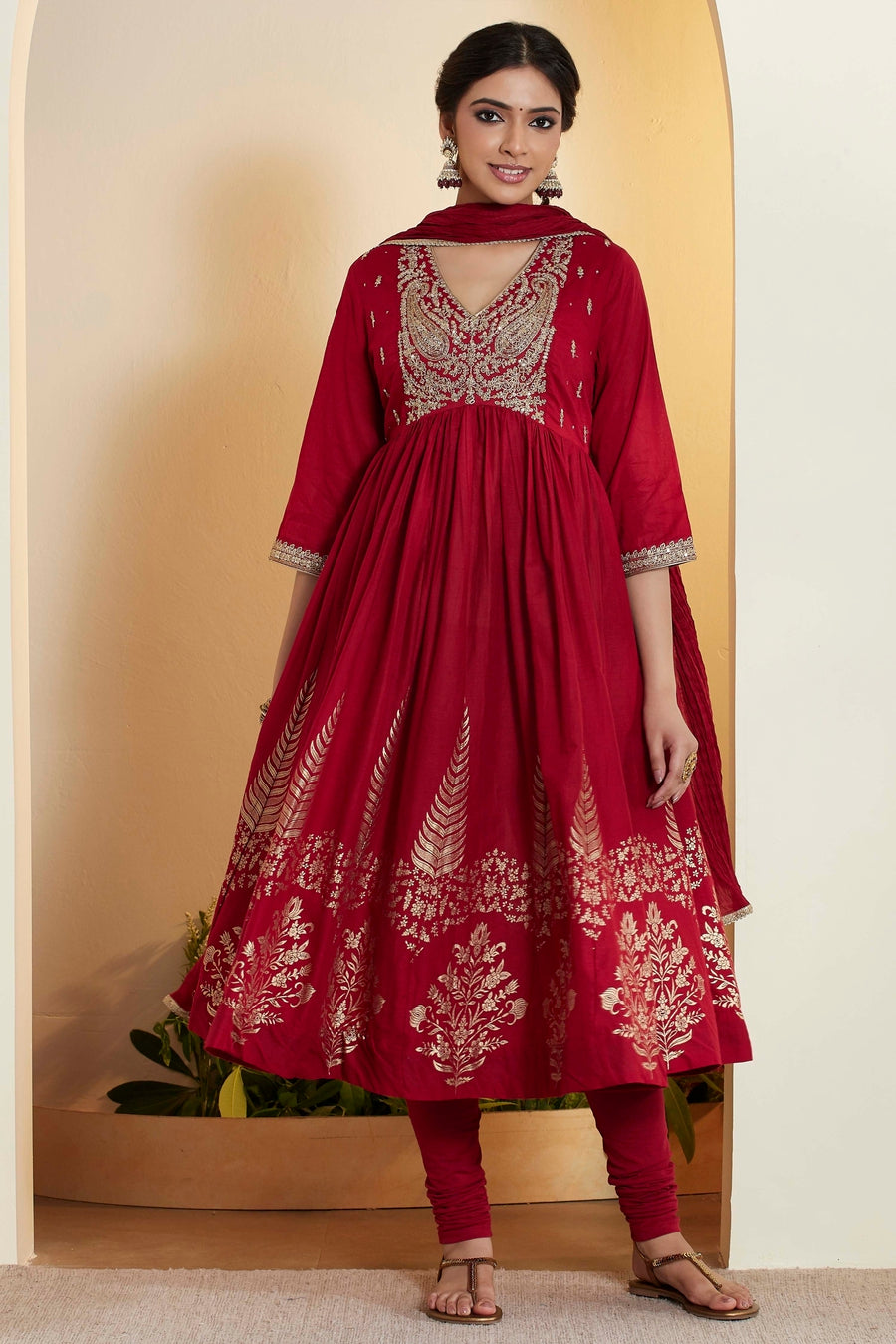 Red Embroidered Anarkali Kurta Set