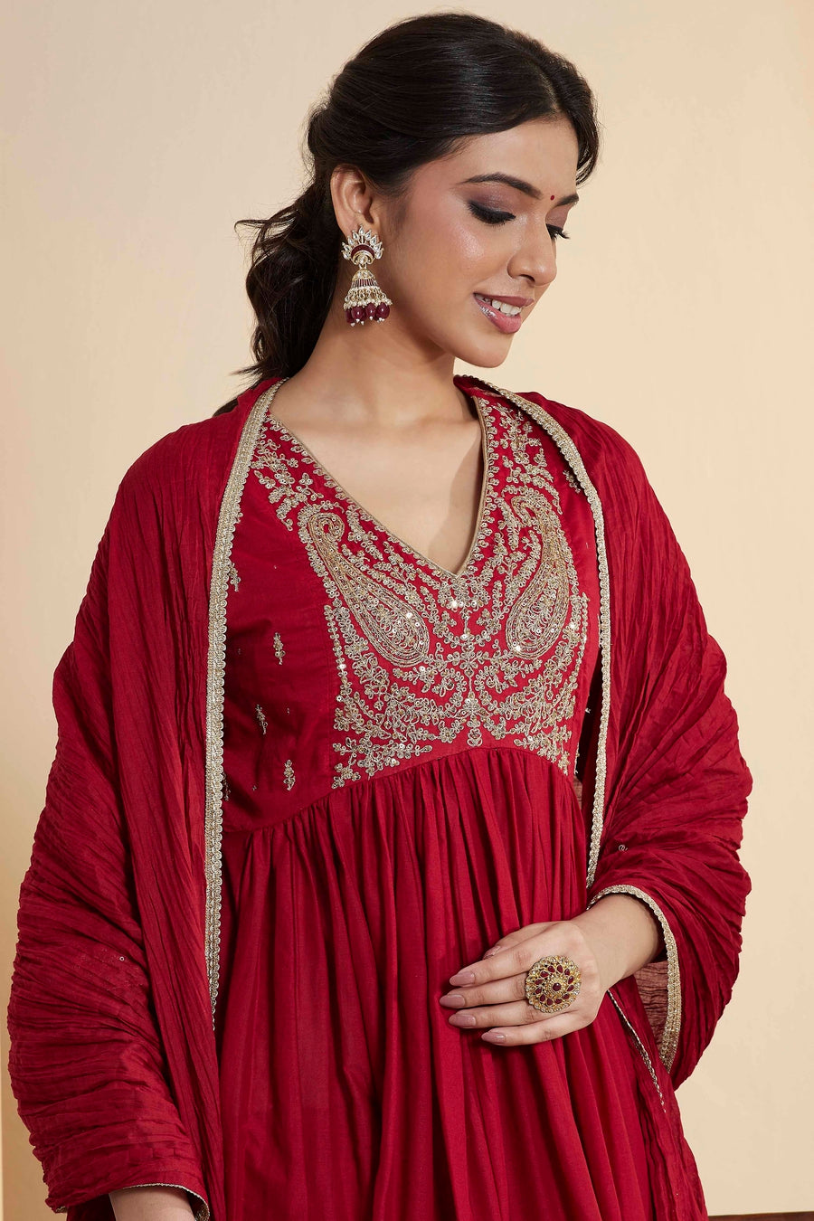Red Embroidered Anarkali Kurta Set