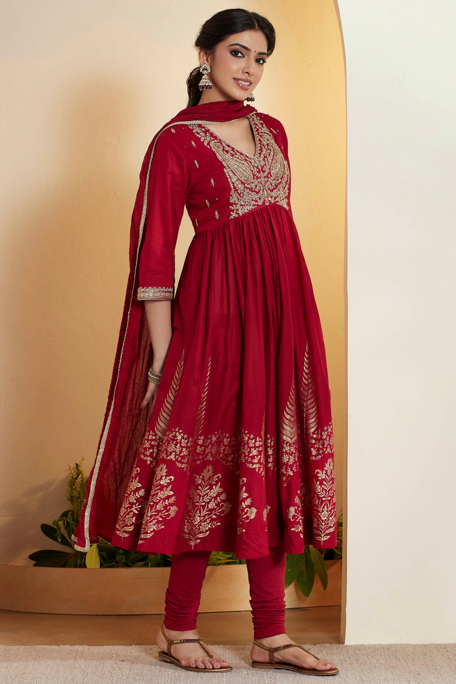 Red Embroidered Anarkali Kurta Set