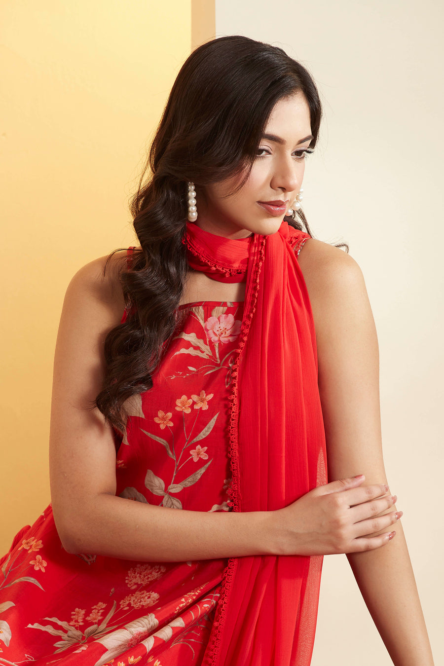 Red Floral Straight Viscose Blend Kurta Set