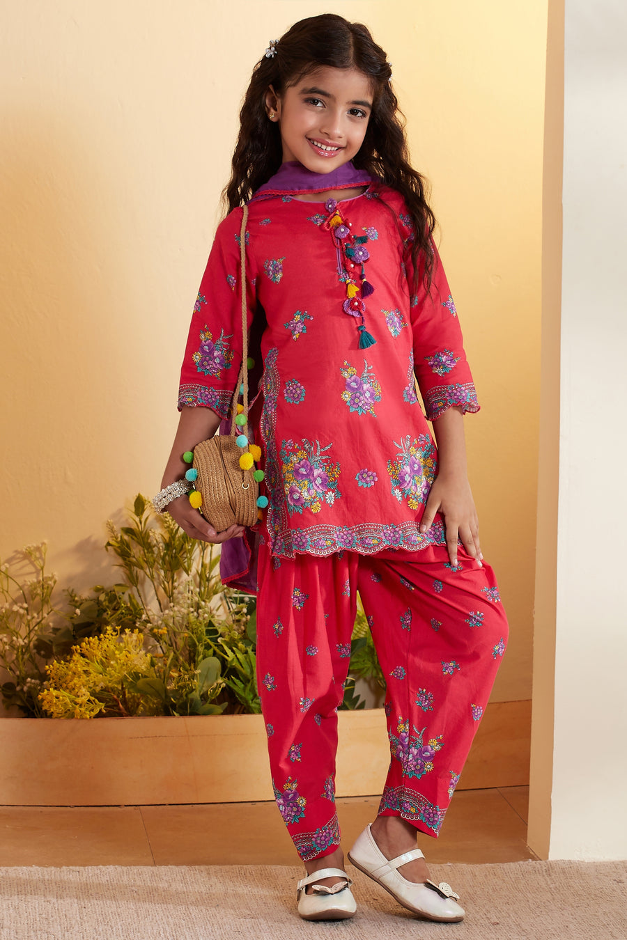 Girls red floral kurta set with salwar and dupatta by BIBA, image 1 of 3