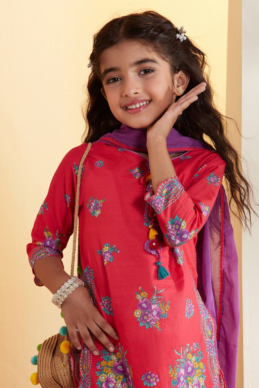 Girls red floral kurta set with salwar and dupatta by BIBA, image 2 of 3
