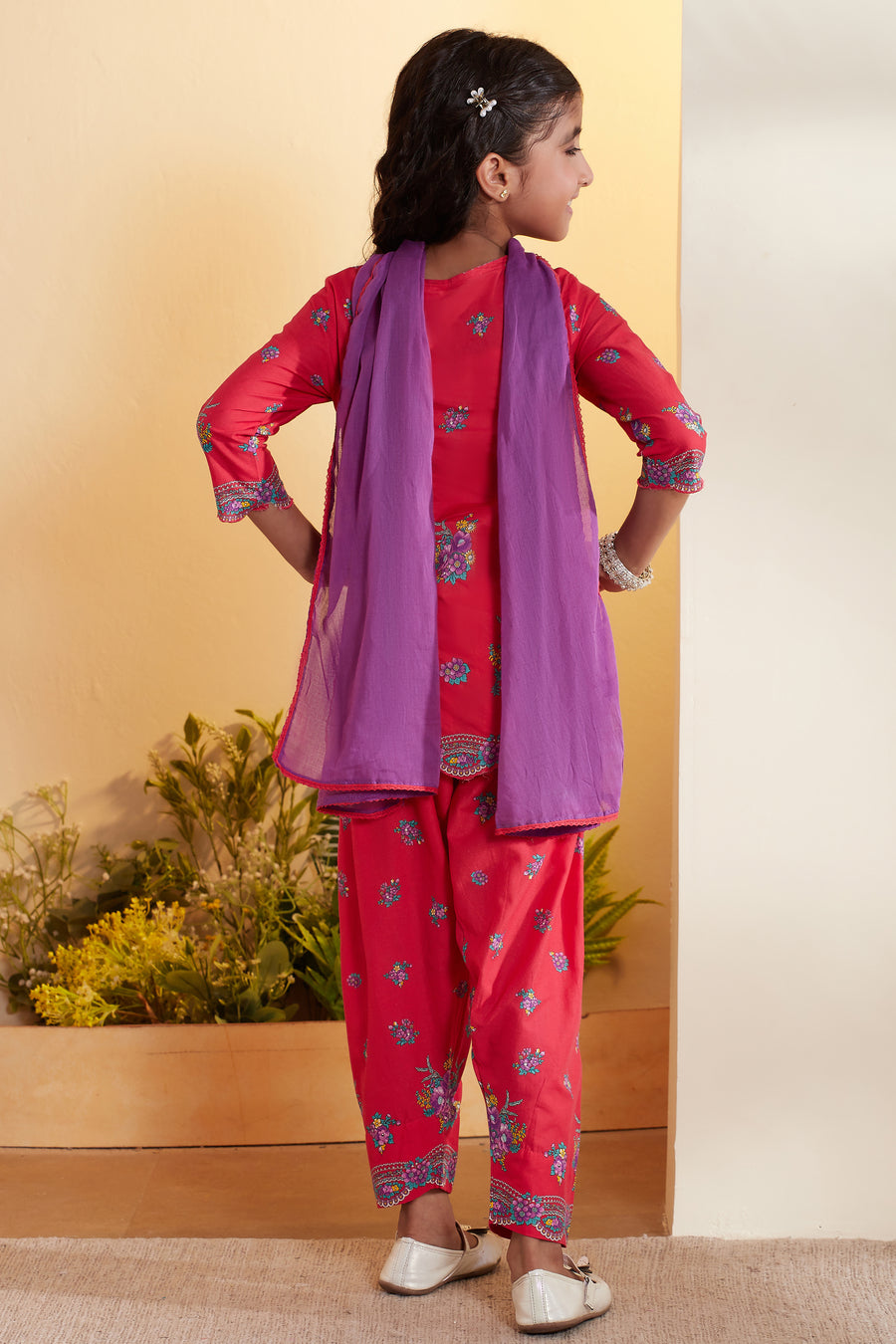Girls red floral kurta set with salwar and dupatta by BIBA, image 3 of 3