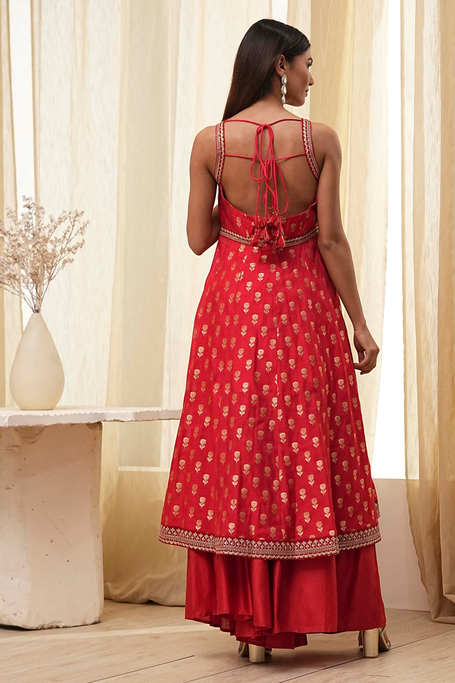Red Gold-Toned Embroidered Anarkali Kurta with Flared Palazzo Pants