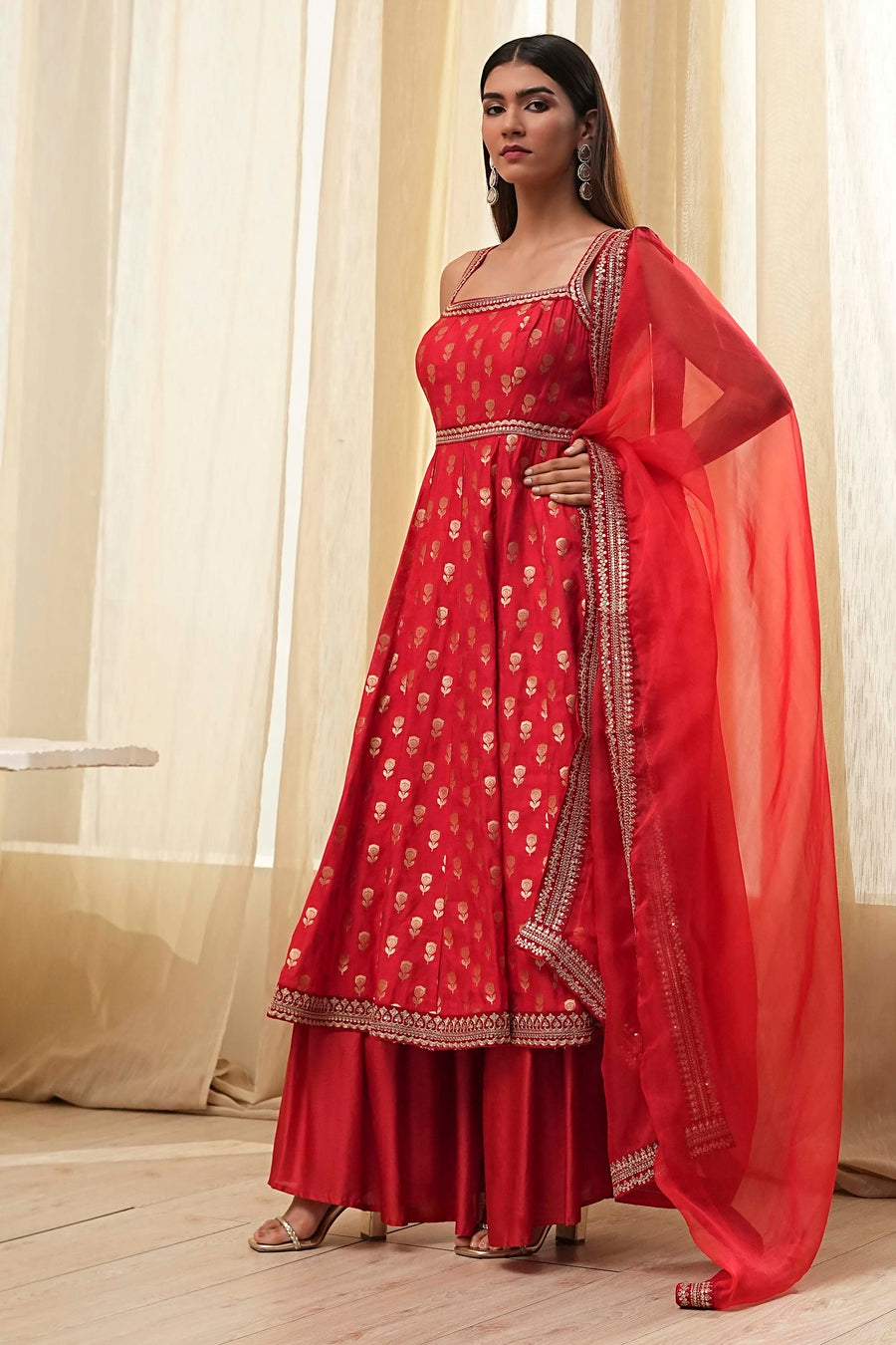 Red Gold-Toned Embroidered Anarkali Kurta with Flared Palazzo Pants