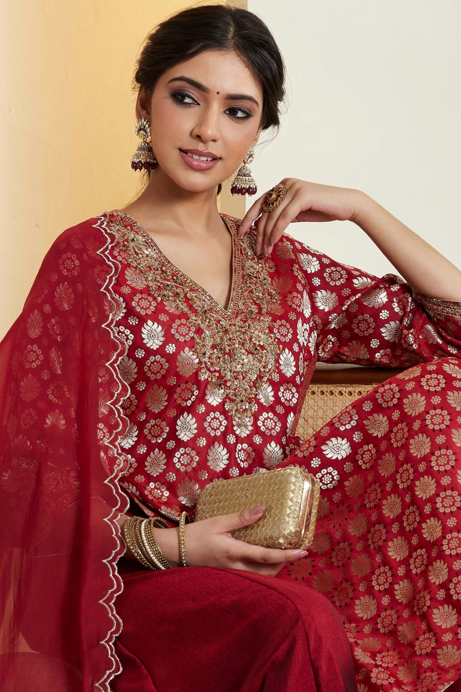 Maroon Embroidered Kurta Sharara Set by BIBA USA, view 2