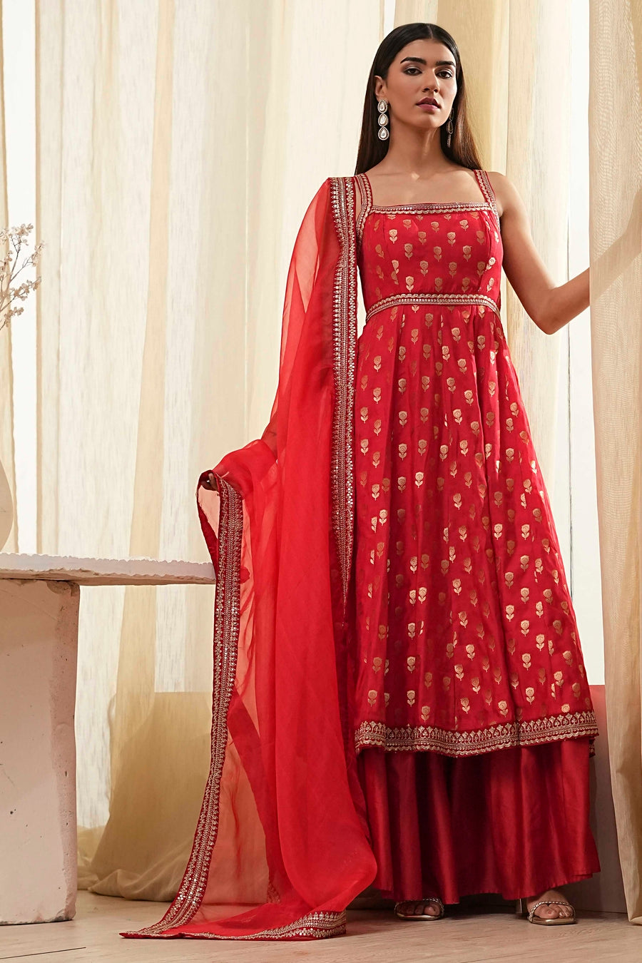 Red Gold-Toned Embroidered Anarkali Kurta with Flared Palazzo Pants