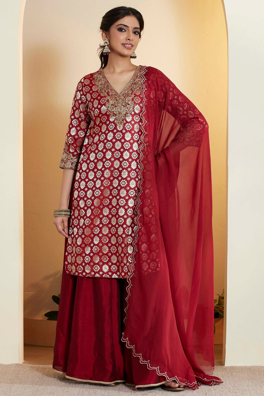 Maroon Embroidered Kurta Sharara Set by BIBA USA