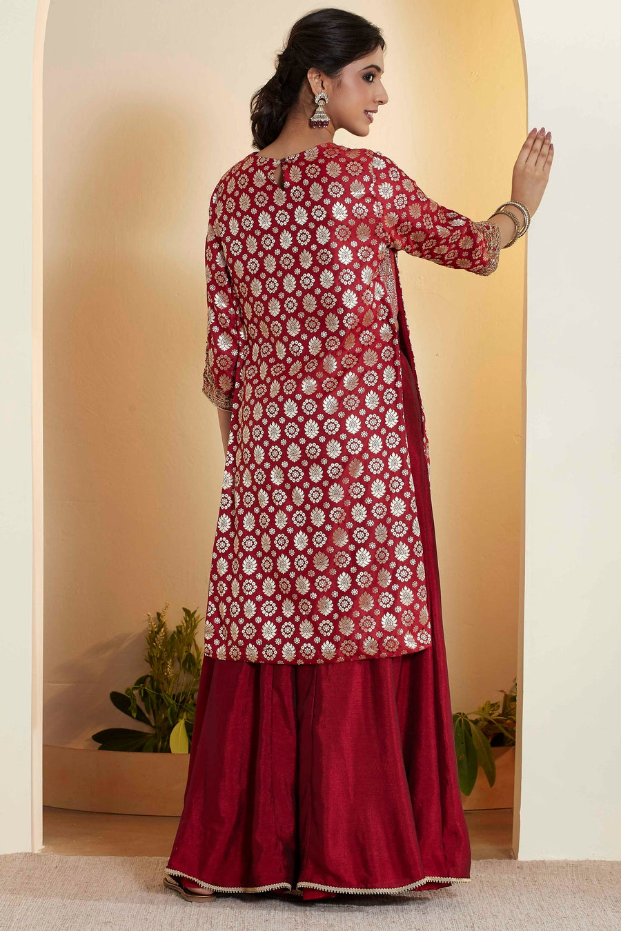 Maroon Embroidered Kurta Sharara Set by BIBA USA, view 3