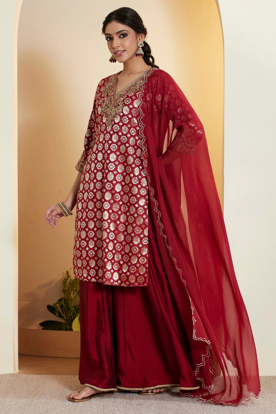 Maroon Embroidered Kurta Sharara Set