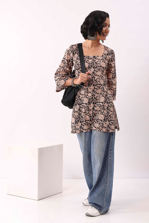 Black Cotton Floral Printed Lace-Up Back Kurti