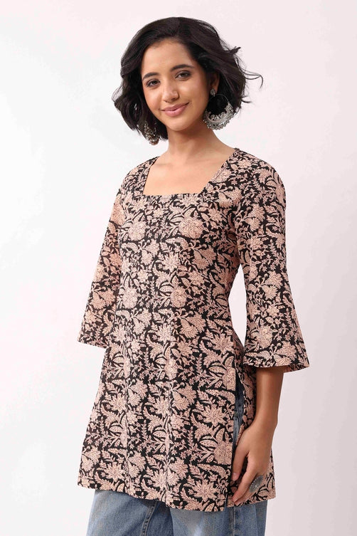 Black Cotton Floral Printed Lace-Up Back Kurti