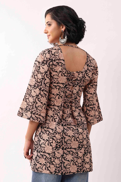 Black Cotton Floral Printed Lace-Up Back Kurti