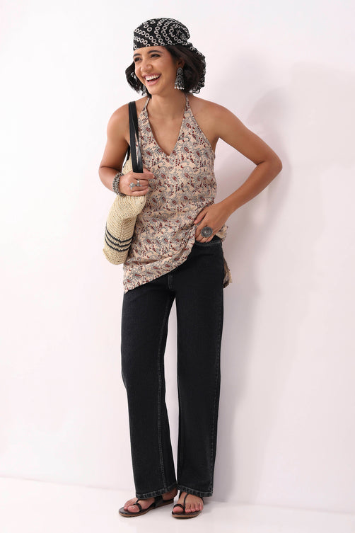 Beige Cotton All-Over Floral Tie-Up Back Kurti