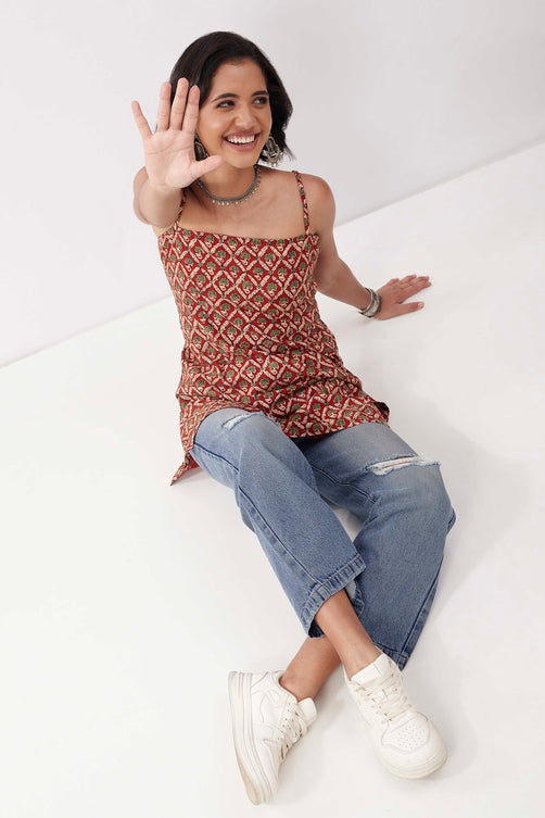 Rust Cotton Floral Printed Lace-Up Kurti