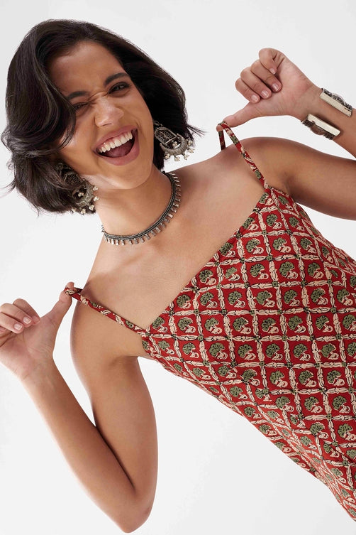 Rust Cotton Floral Printed Lace-Up Kurti